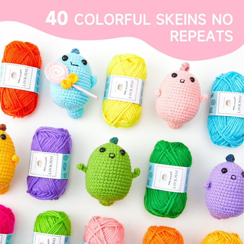 INSCRAFT 48 PCS Crochet Yarn Kit, 1400 Yards 40 Colors Acrylic Yarn Skeins, 2 Crochet Hooks, 2 Weaving Needles, 4 Stitch Markers, 1 Bag, for Crocheting & Knitting, Gift for Beginners and Adults - Image 3